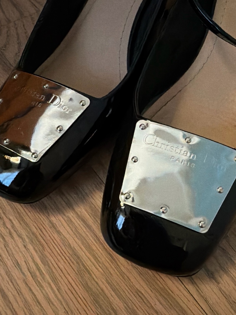 Dior Black Patent Leather Ankle-Strap Heels with Silver Plaque - Picture 2 of 5